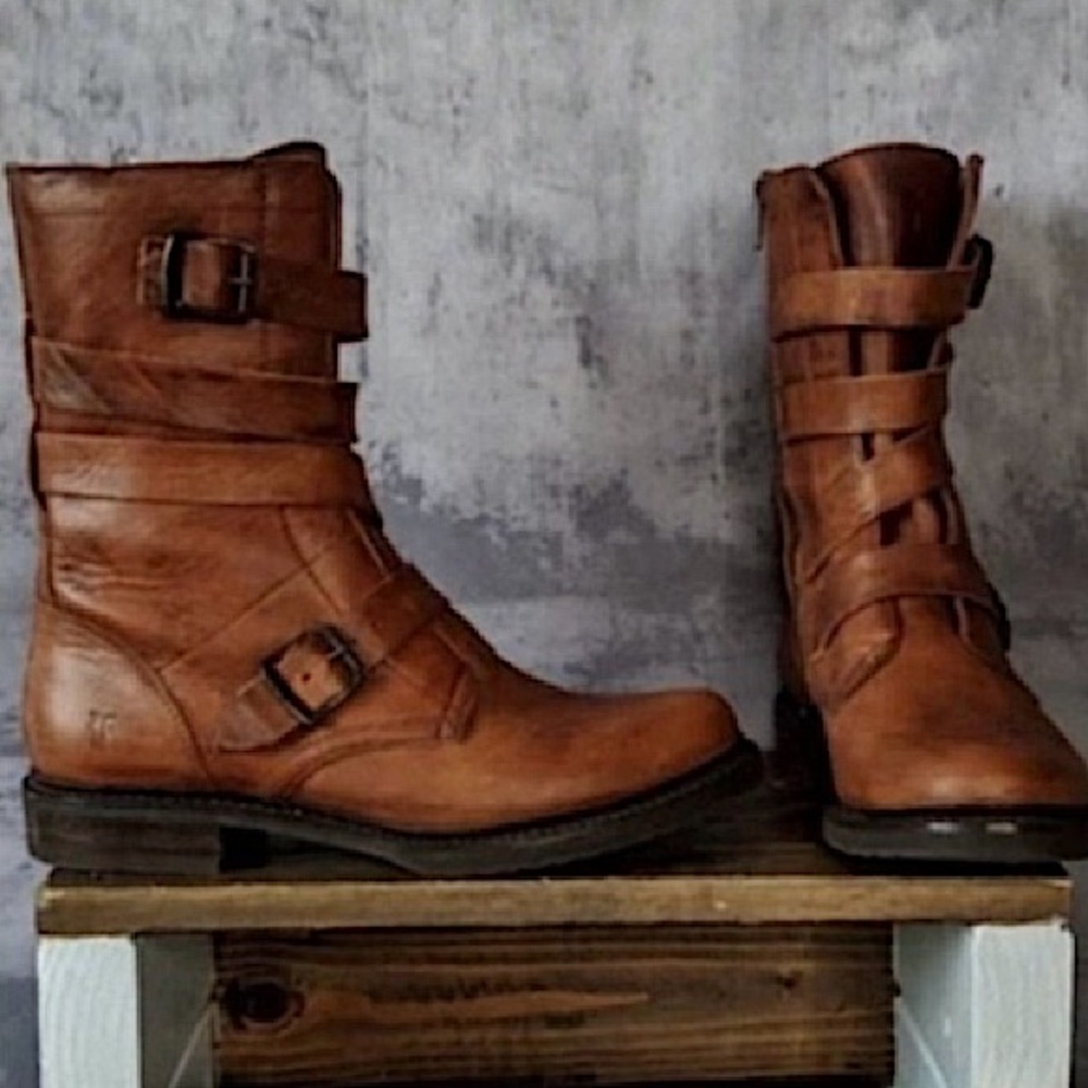 FRYE Boot VERONICA TANKER ENGINEER Combat Boho Distressed Leather Cognac Size 8 - Picture 5 of 13